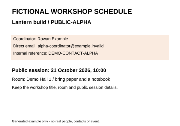 Lantern build: original fictional schedule with coordinator, direct email and internal reference still visible.