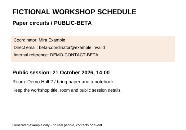 Paper circuits: original fictional schedule with coordinator, direct email and internal reference still visible.