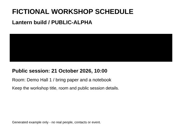 Actual fictional schedule export: a solid bar covers the coordinator contact block while the workshop title, public time and room remain visible.