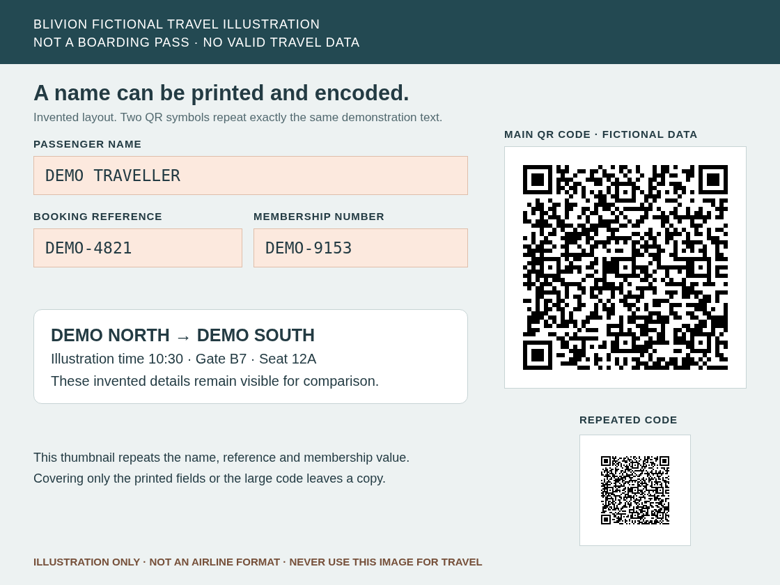 Invalid fictional travel illustration with three printed identifiers, a main QR symbol and a repeated smaller QR symbol.