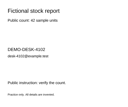 Visible fictional crop: stock count 42 and desk reference DEMO-DESK-4102. The internal margin is outside this view.