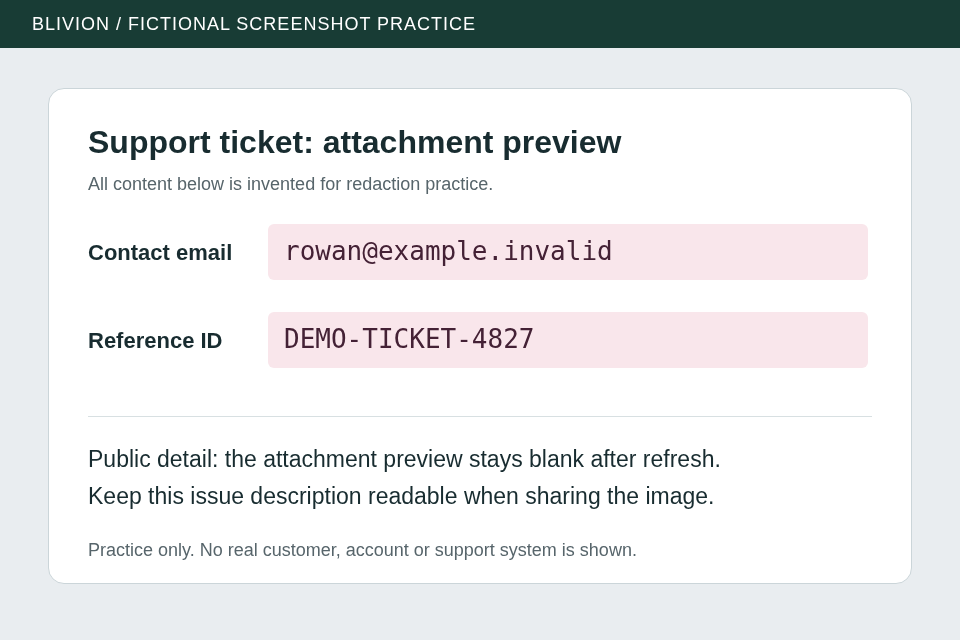 Fictional support ticket before redaction, containing a demo contact email and reference ID.