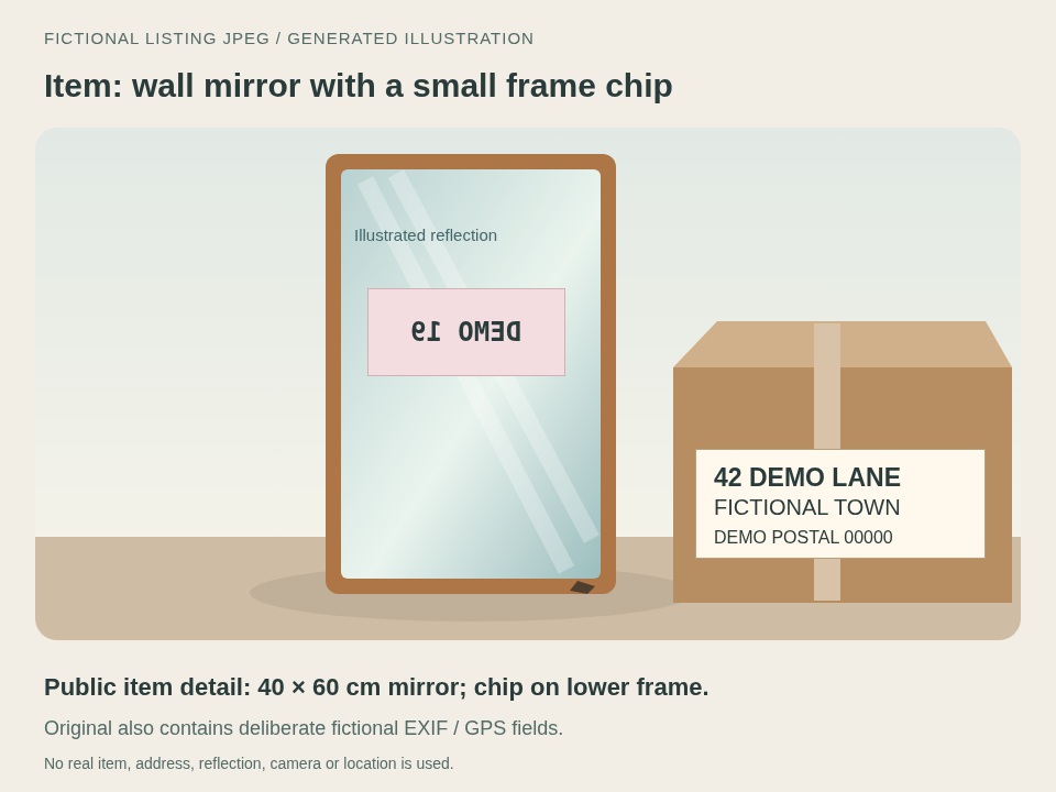Actual metadata-cleaned JPEG: fictional mirror and box with the invented label and reflection still visible.