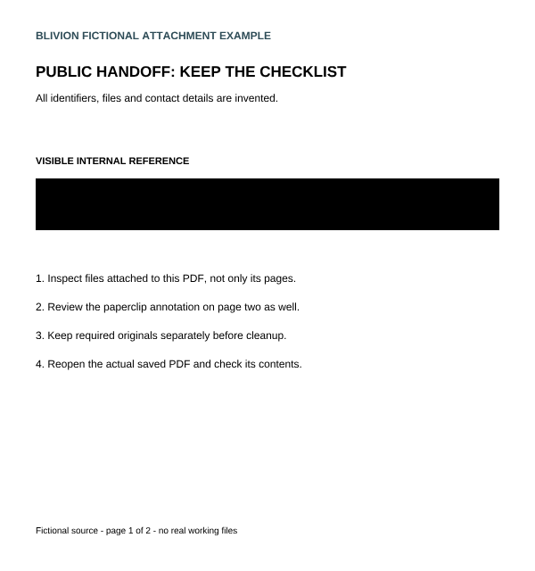 Actual native marked export of the fictional handoff: the printed internal reference is opaque and the public checklist stays visible.