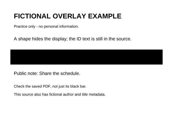 Fictional overlay example with the ID area black and the public schedule note visible; corrected export.